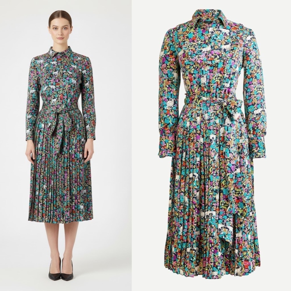 Grazing Goat Pleated Floral Midi Dress Collar Long Sleeve Animal Artsy Novelty 2 - Picture 2 of 9